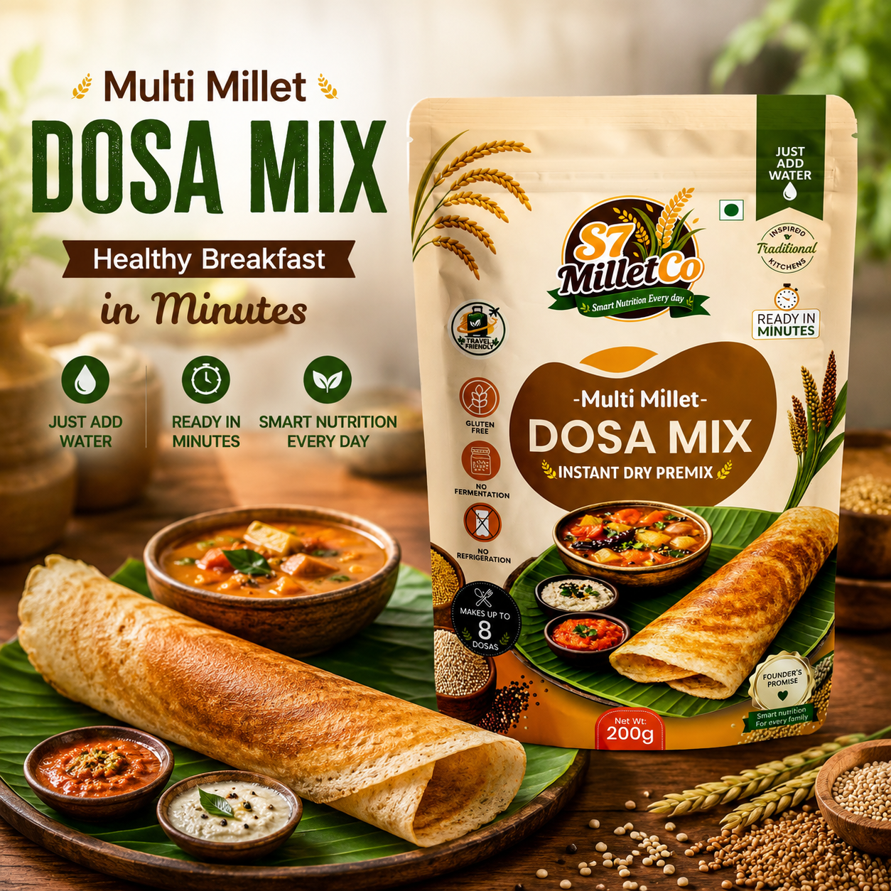 Multi Millet Dosa Mix | Instant Dry Premix | Just Add Water | Gluten Free | No Fermentation | Healthy Breakfast Mix | Ready in Minutes | 200g