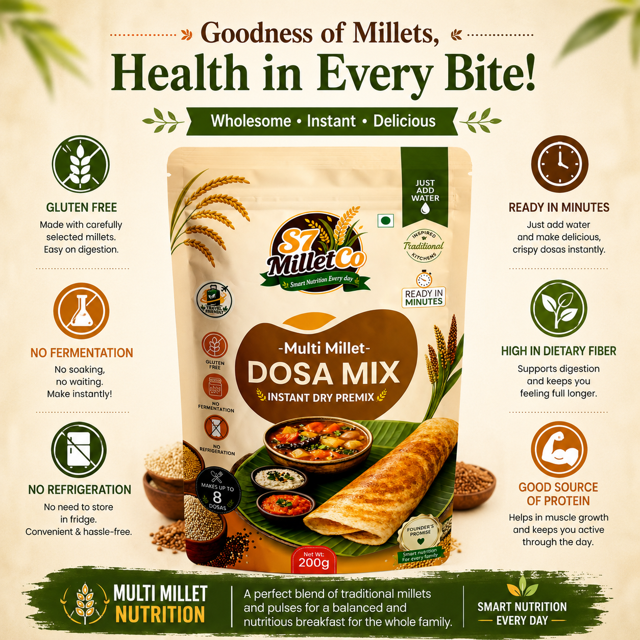 Multi Millet Dosa Mix | Instant Dry Premix | Just Add Water | Gluten Free | No Fermentation | Healthy Breakfast Mix | Ready in Minutes | 200g — image 2