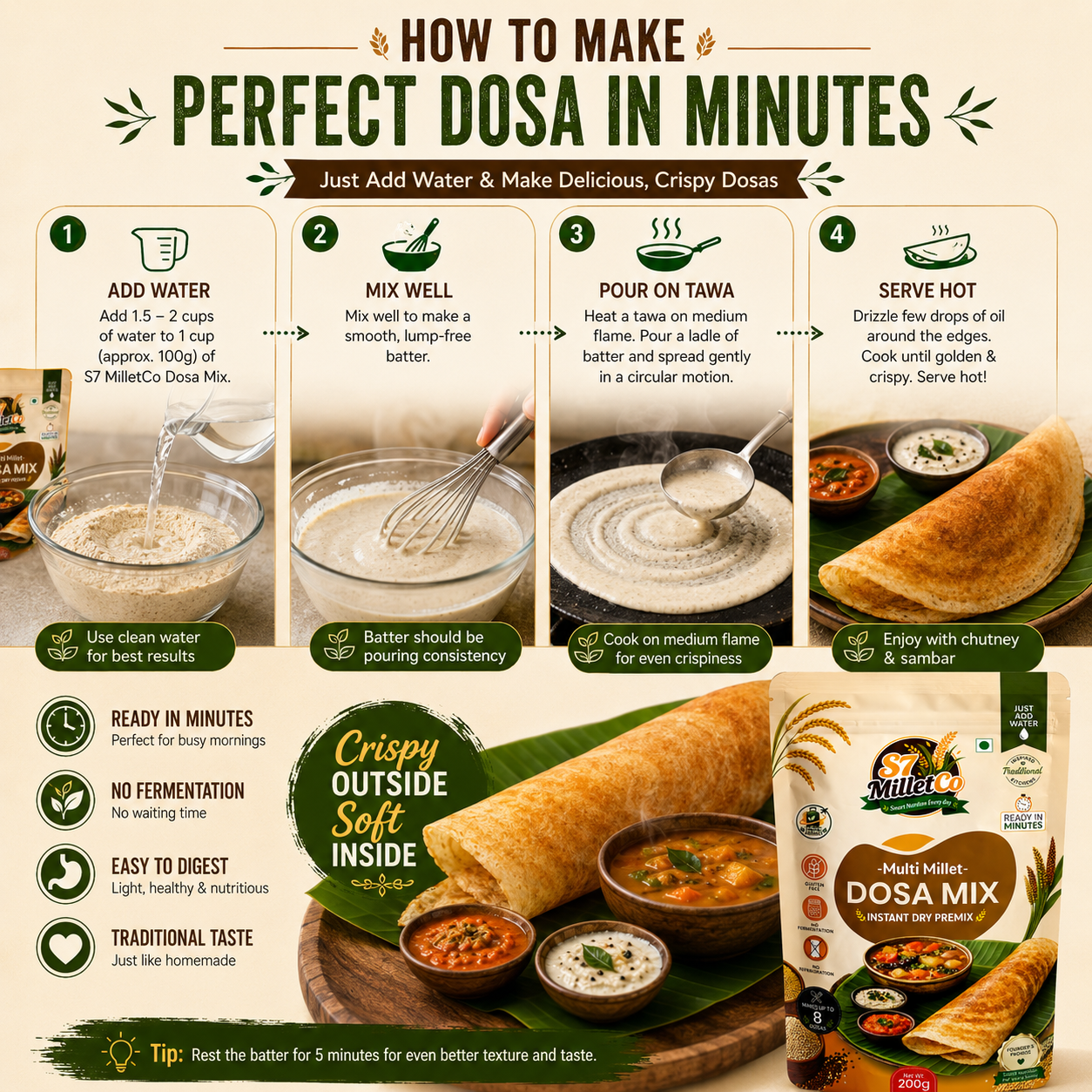 Multi Millet Dosa Mix | Instant Dry Premix | Just Add Water | Gluten Free | No Fermentation | Healthy Breakfast Mix | Ready in Minutes | 200g — image 4