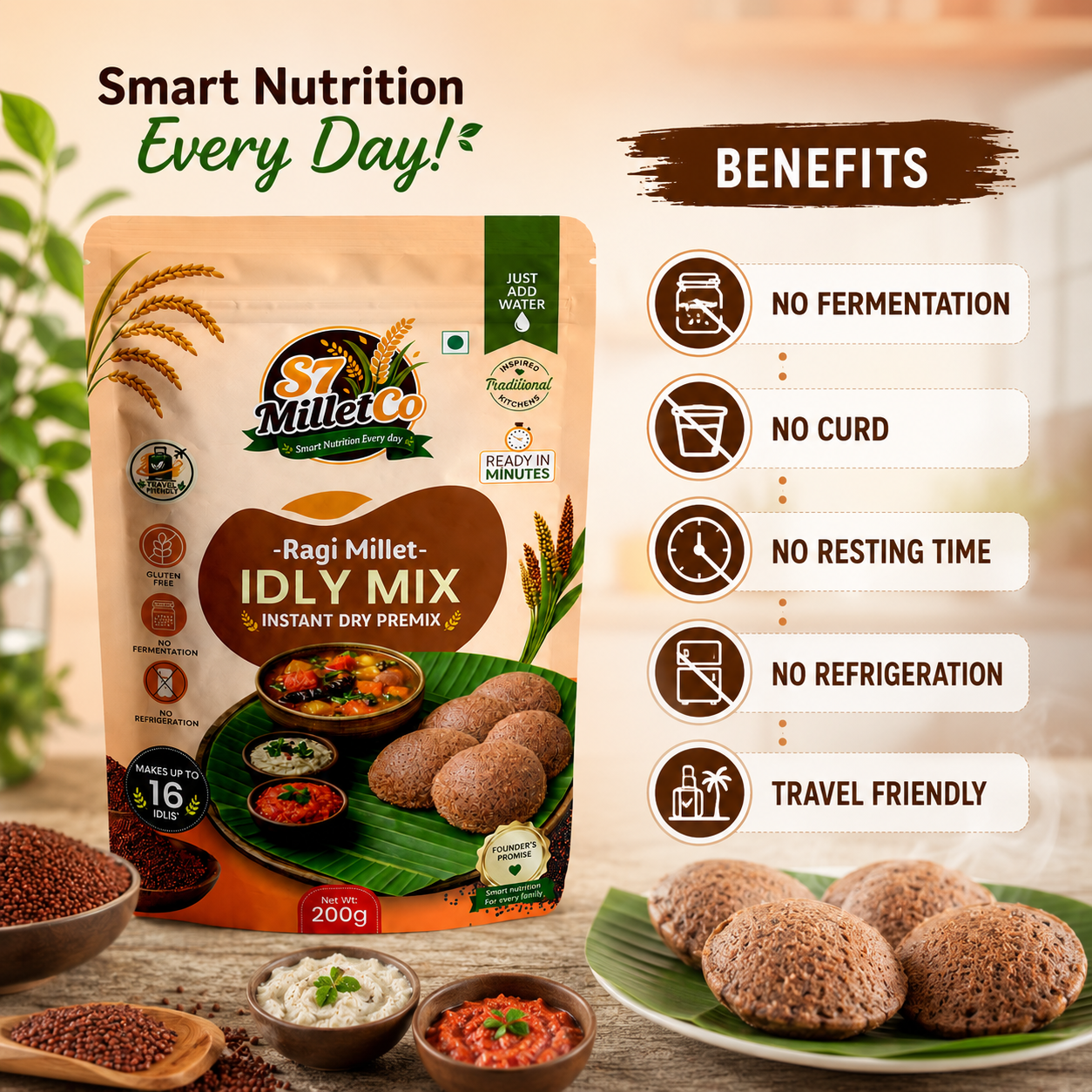 Ragi Millet Idly Mix | Instant Dry Premix | Just Add Water | 200g — image 2