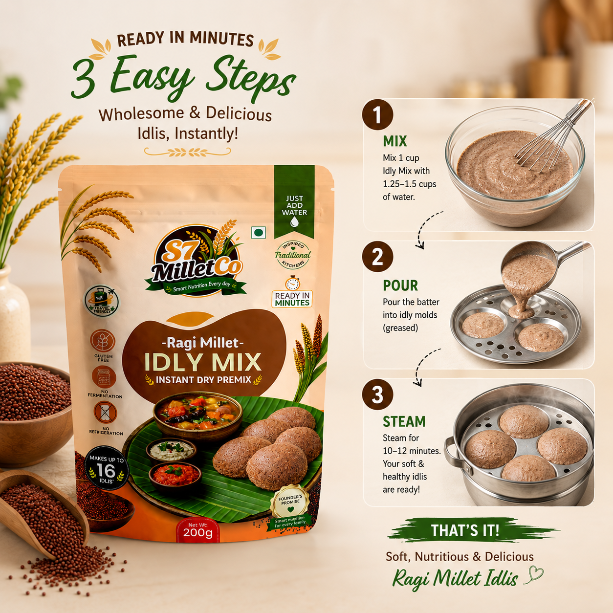 Ragi Millet Idly Mix | Instant Dry Premix | Just Add Water | 200g — image 5