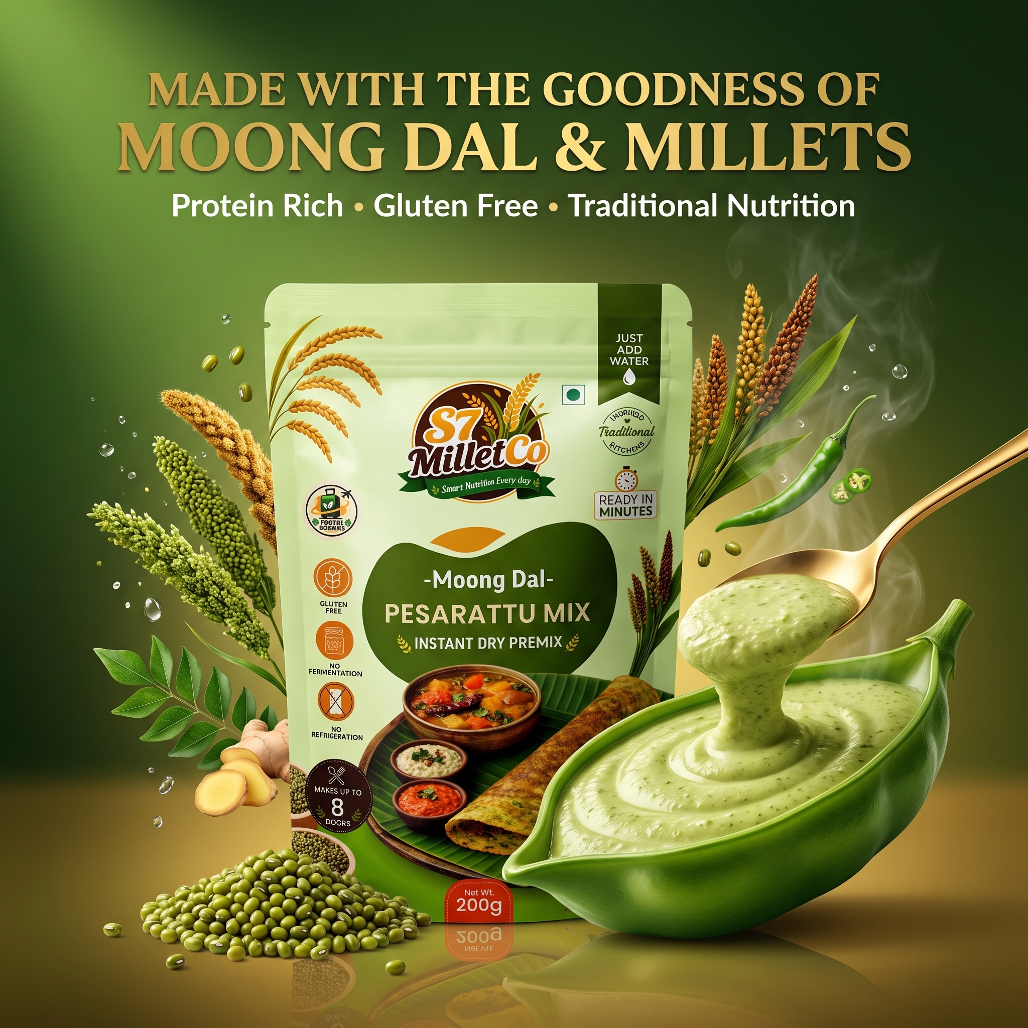 Moong Dal Pesarattu Mix | Instant Dry Premix | Just Add Water | Gluten Free | Ready in Minutes | 200g